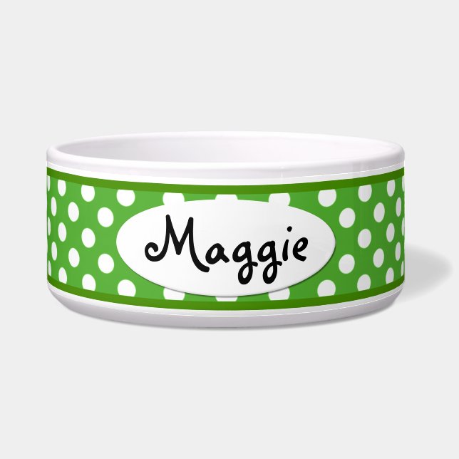 Green Polka Dot Personalised Ceramic Dog Bowl (Front)
