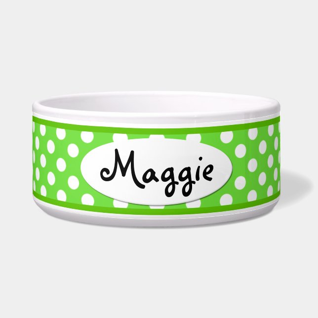 Green Polka Dot Personalised Ceramic Dog Bowl (Front)