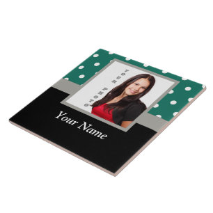 Green polka dot photo template ceramic tile