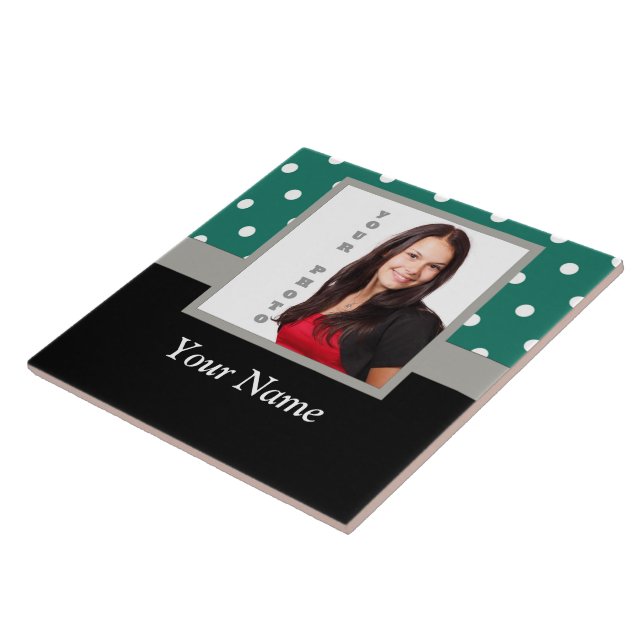 Green polka dot photo template ceramic tile (Side)