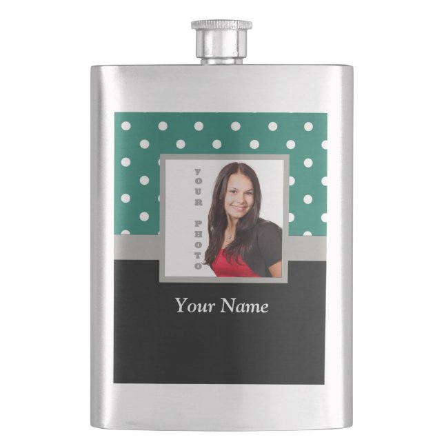 Green polka dot photo template hip flask (Front)