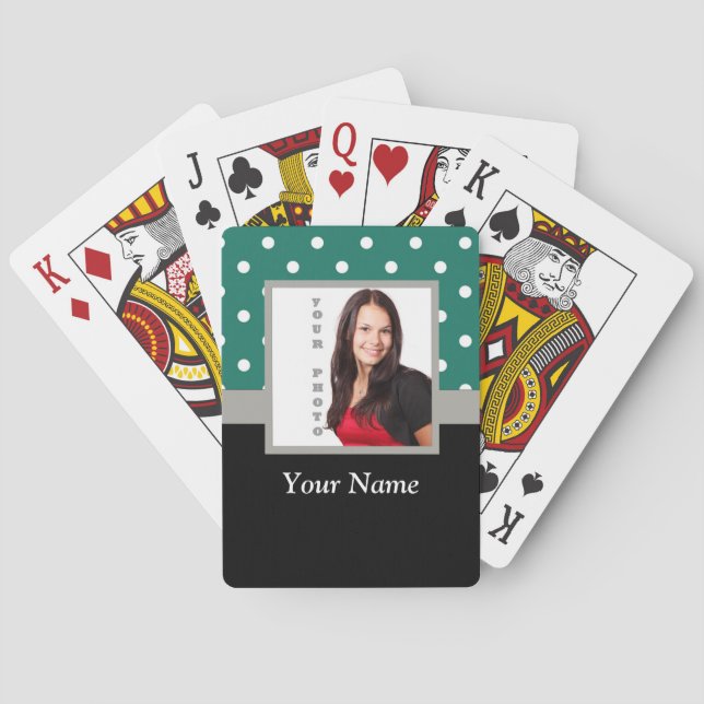 Green polka dot photo template playing cards (Back)