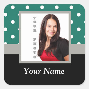 Green polka dot photo template square sticker