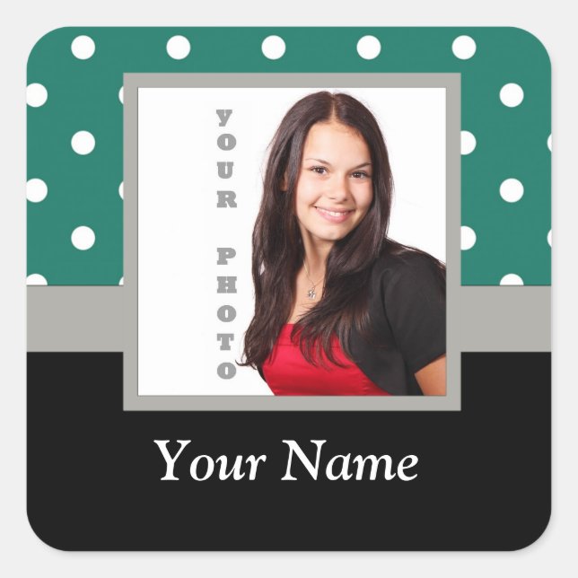 Green polka dot photo template square sticker (Front)