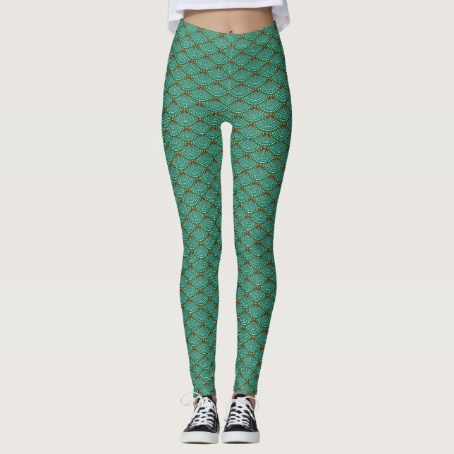 Green Polka Dot Scallops Mermaid Scales Leggings (Front)