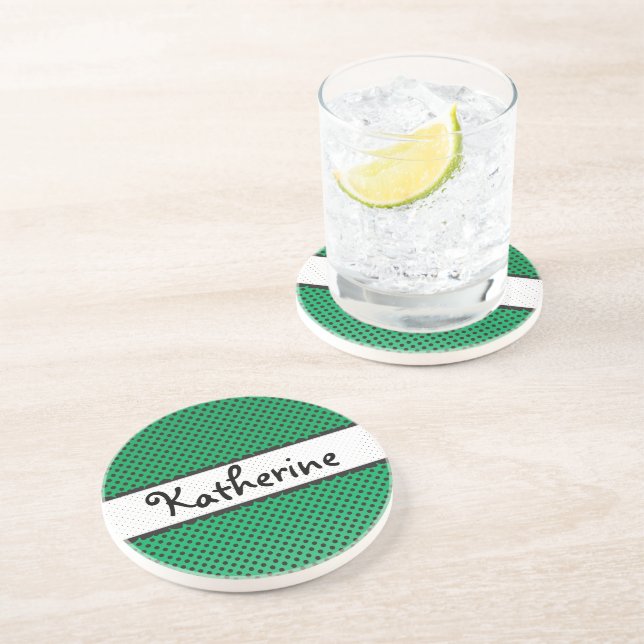 Green Polka Dot Scallops Personalised Name Coaster (Side)