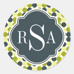 Green Polka Dots and Blue Monogram Classic Round Sticker