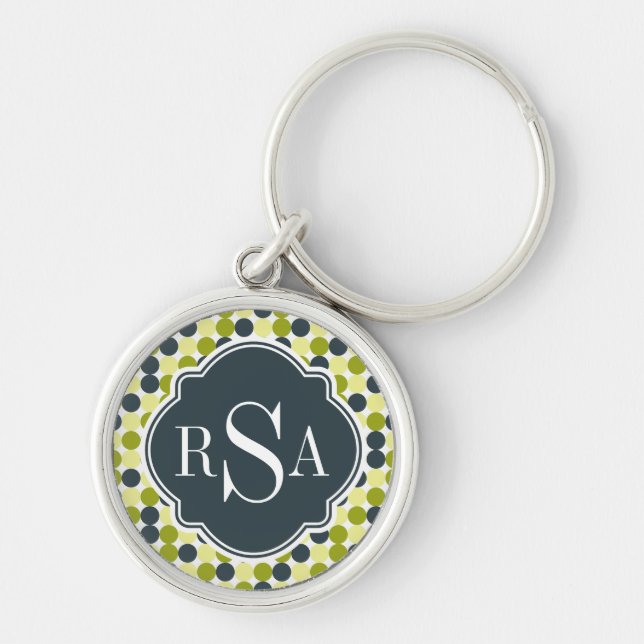 Green Polka Dots and Blue Monogram Key Ring (Front)