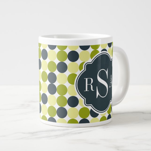 Green Polka Dots and Blue Monogram Large Coffee Mug (Front Right)
