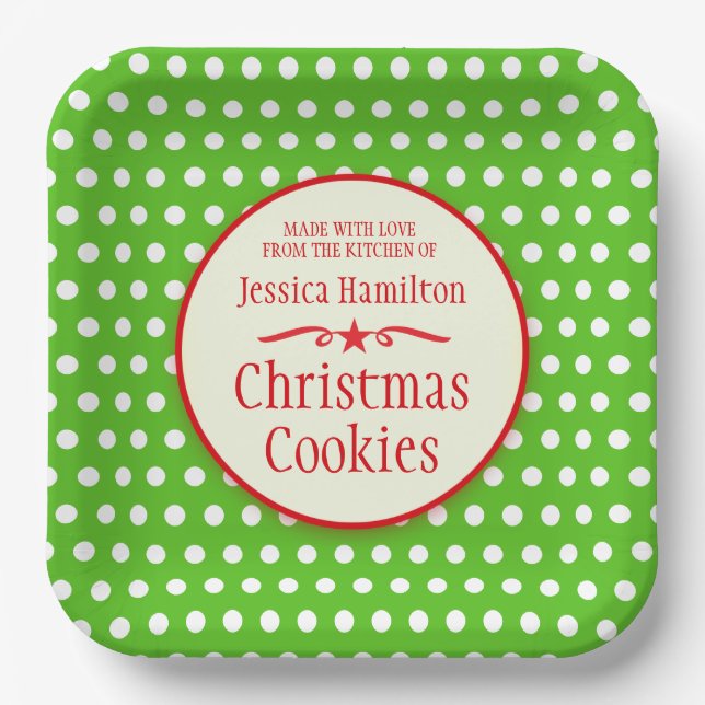 Green polka dots cookie swap baking gift  paper plate (Front)