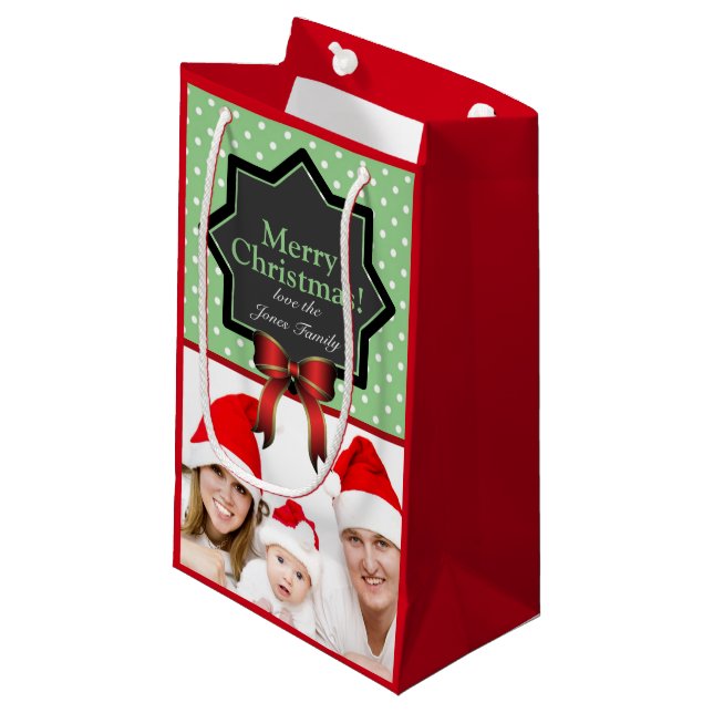 Green Polka Dots Festive Custom Photo Christmas Small Gift Bag (Front Angled)