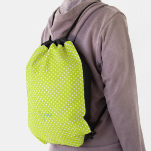 Green Polka Dots Monogrammed School College Kids Drawstring Bag