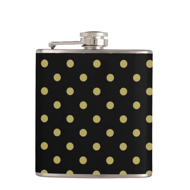 Green polka dots on black hip flask (Front)