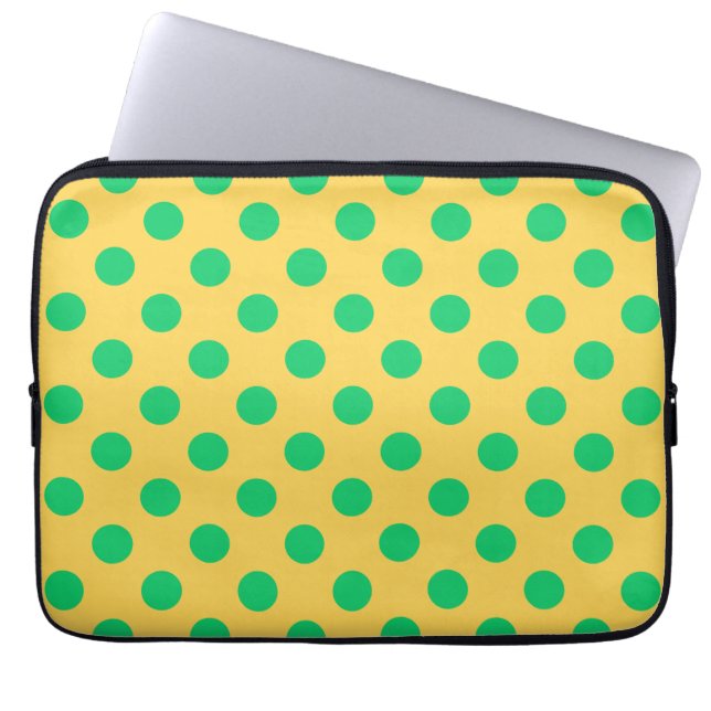 Green polka dots on yellow laptop sleeve (Front)