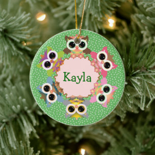 Green Polka Dots Owl Wreath Ceramic Ornament