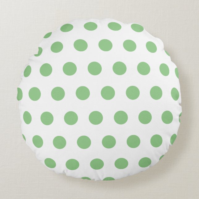 Green polka dots pattern on white round pillow (Front)