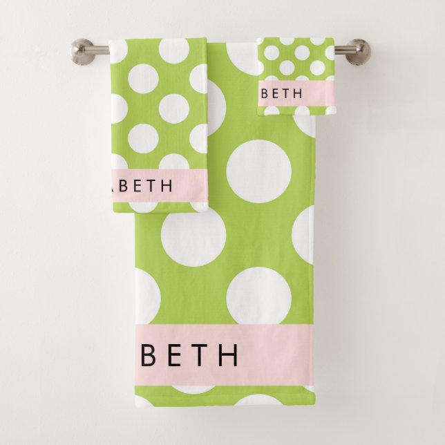 Green Polka Dots, Polka Dot Pattern, Your Name Bath Towel Set (Insitu)