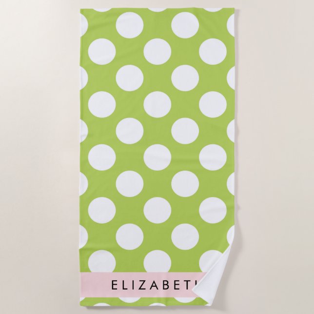 Green Polka Dots, Polka Dot Pattern, Your Name Beach Towel (Front)