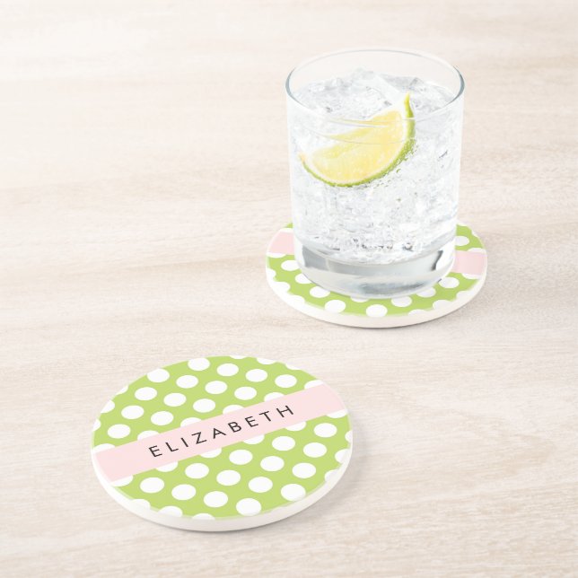 Green Polka Dots, Polka Dot Pattern, Your Name Coaster (Side)