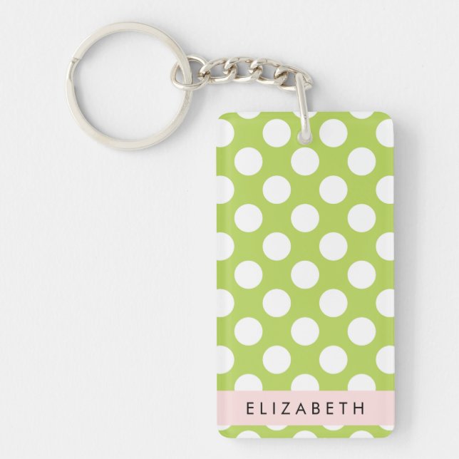 Green Polka Dots, Polka Dot Pattern, Your Name Key Ring (Front)