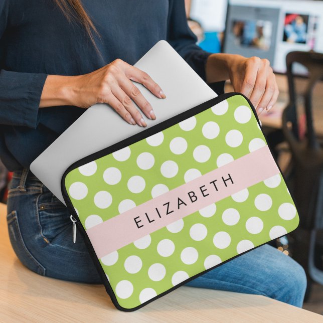 Green Polka Dots, Polka Dot Pattern, Your Name Laptop Sleeve (Creator Uploaded)