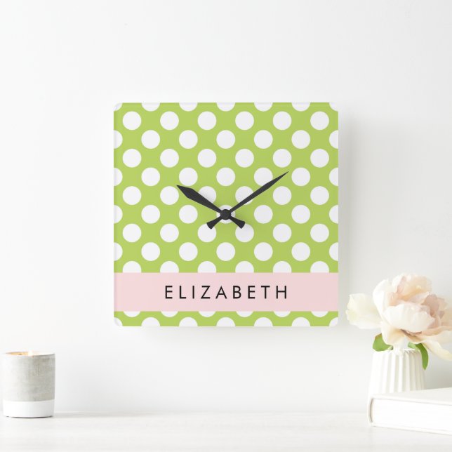 Green Polka Dots, Polka Dot Pattern, Your Name Square Wall Clock (Home)