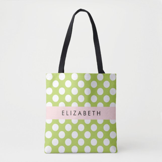 Green Polka Dots, Polka Dot Pattern, Your Name Tote Bag (Front)