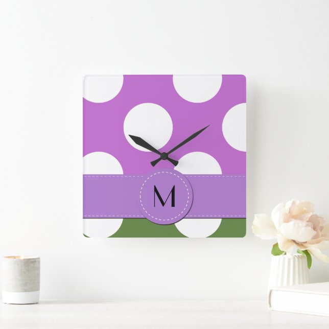 Green Polka Dots, Purple Polka Dots, Monogram Square Wall Clock (Home)
