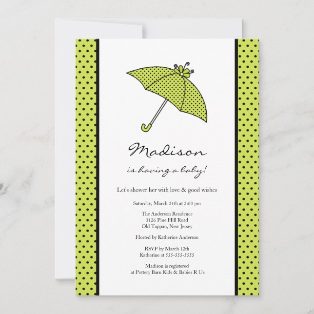 Green Polka Dots Umbrella Baby Shower Invitation (Front)
