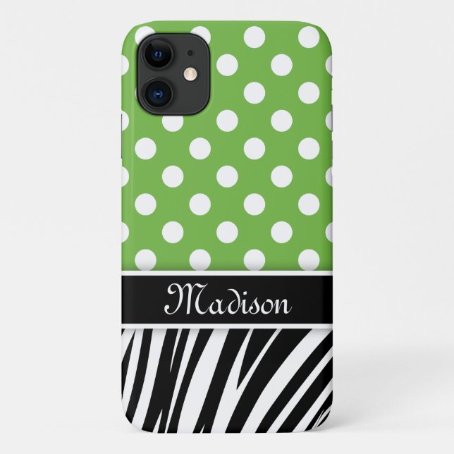 Green Polka Dots Zebra Stripes Black Name Case-Mate iPhone Case (Back)