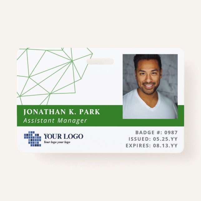 Green Polygons Logo & Photo Employee ID ID Badge (Front)