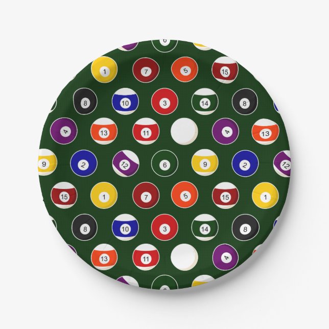 Green Pool Ball Billiards Pattern Paper Plate (Front)