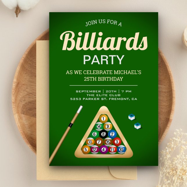 Green Pool Table Billiards Snooker Birthday Party Invitation (Creator Uploaded)