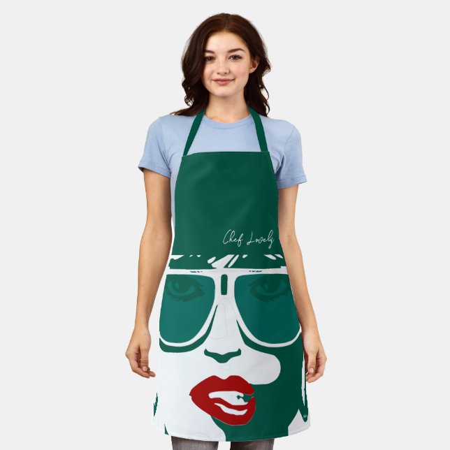 Green Pop Art Pretty Woman Sunglasses Red Lips Apron (Worn)