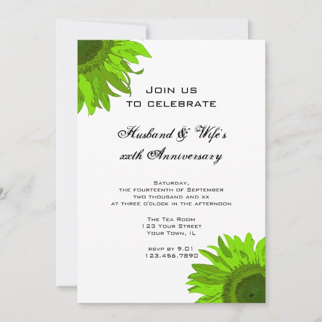 Green Pop Art Sunflower Wedding Anniversary Party Invitation (Front)