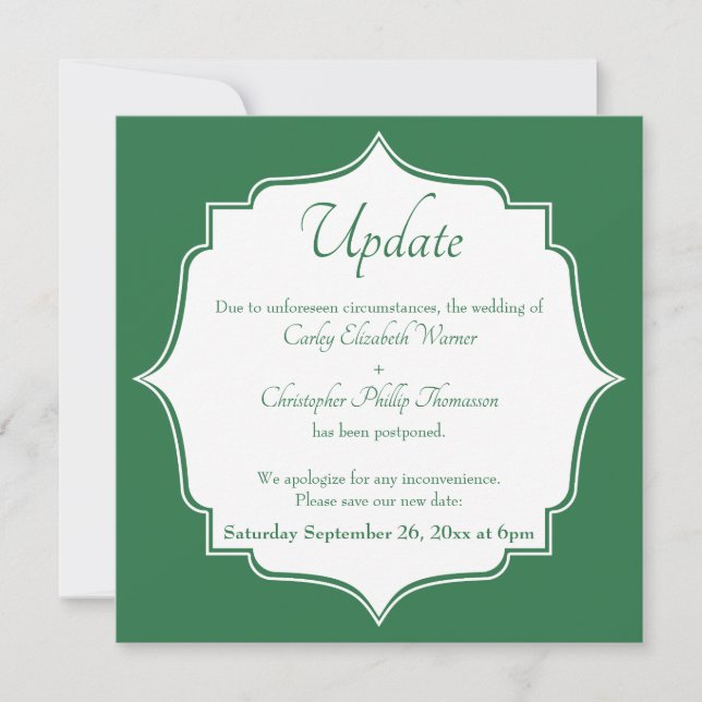 Green Postponed Wedding Update Announcement (Front)