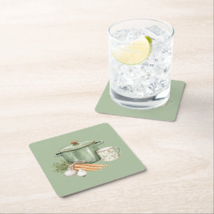 Green Pot Carrots  Square Paper Coaster