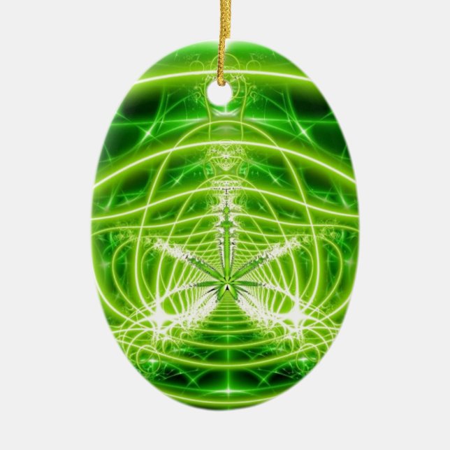 Green Pot Leaf Fractal Ceramic Ornament (Front)