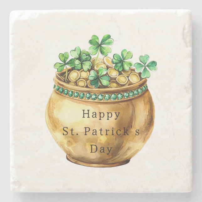 Green Pot of Gold Shamrocks St. Patrick's Day   Stone Coaster (Front)