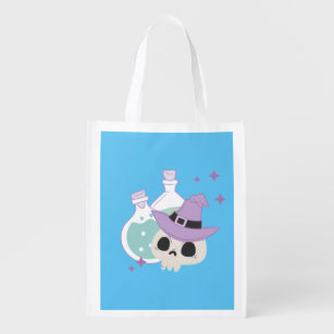 Green Potion and Purple Skeleton Witch Reusable Grocery Bag