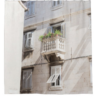 GREEN POTTED PLANT ON BROWN CONCRETE HOUSE BALCONY SHOWER CURTAIN