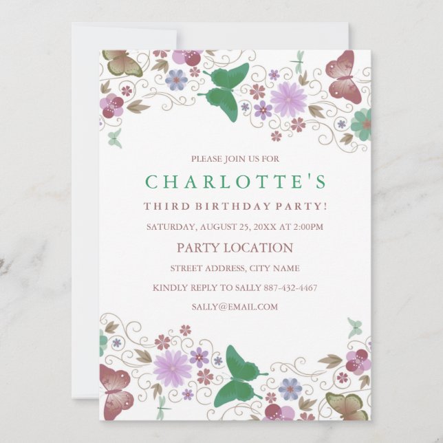 Green Pretty Butterfly | Birthday Invitation (Front)