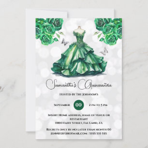 Green princess Quinceañera fantasy ballgown roses Invitation
