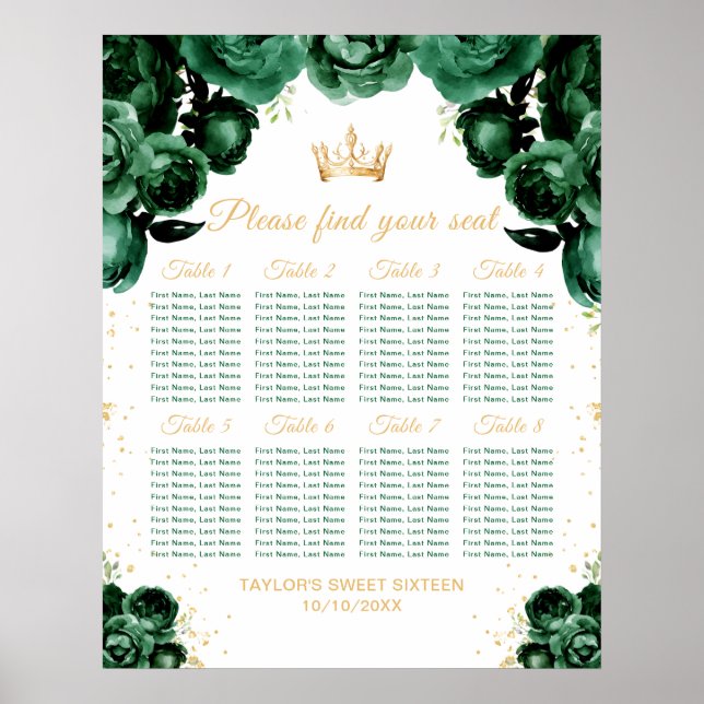 Green Princess Sweet Sixteen Seating Chart (Front)