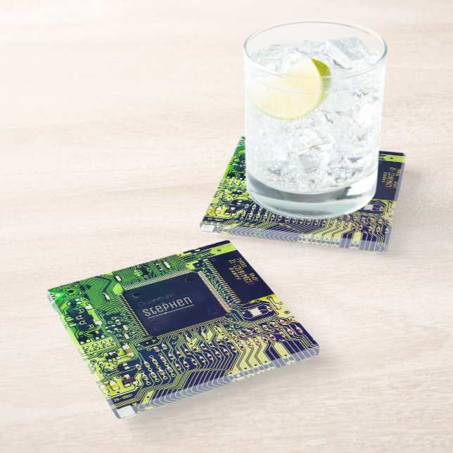 Green printed circuit board • Geek electronic PCB Glass Coaster (Angled)