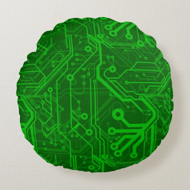 Green Printed Circuit Board Pattern Round Cushion (Front)