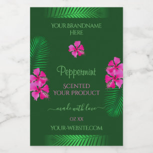 Green Product Labels Pink Flowers with Palm Leaves