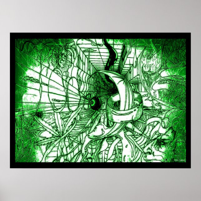 Green Psychedelic Surreal Drawing Poster (Front)