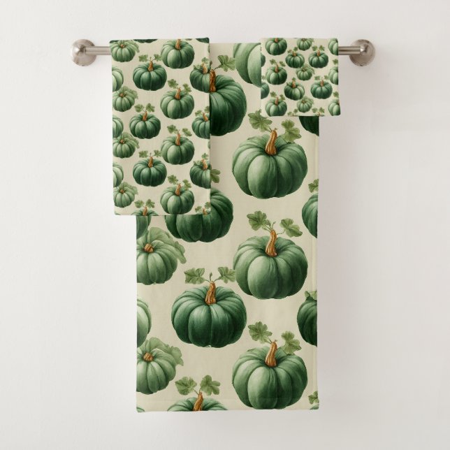 Green Pumpkin Autumn Home Design Throw Pillow Bath Towel Set (Insitu)
