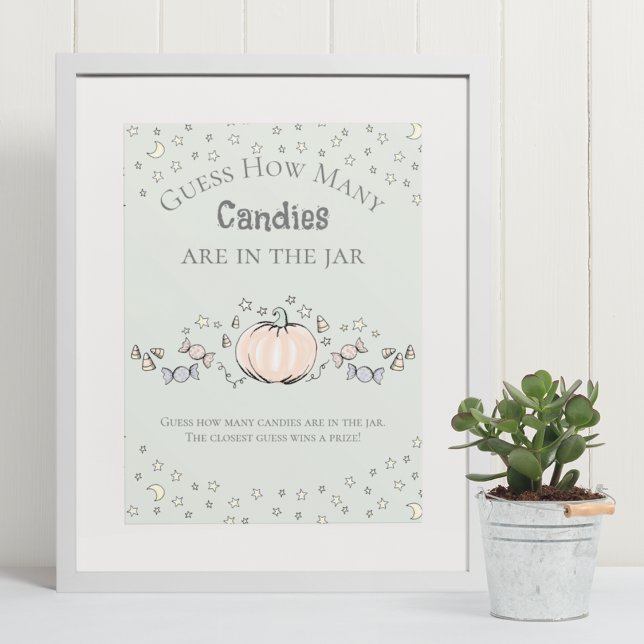 Green Pumpkin How Many Candies Baby Shower Game Poster (Elegant & Whimsical Fall Baby Shower Game Poster. Frame Not Included. Hand-Drawn Pumpkin Drawing.)